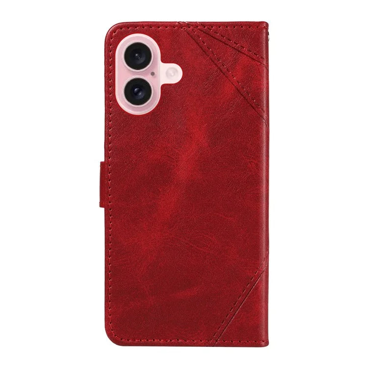 For iPhone 16 Case PU Leather Protective Geometric Line Phone Cover Wrist Strap