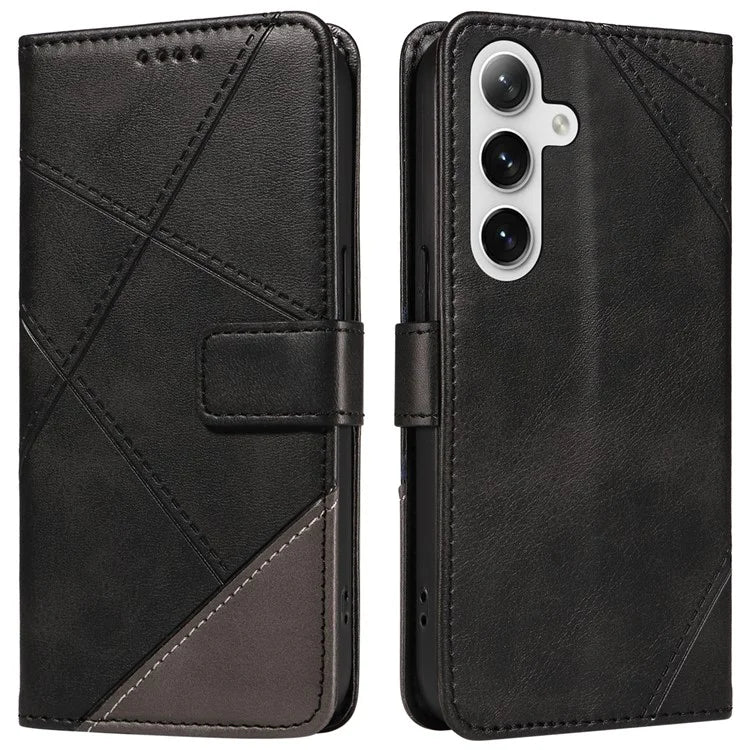 For Samsung Galaxy S24+ Case PU Leather Magnetic Clasp Phone Cover Geometric Line Wrist Strap