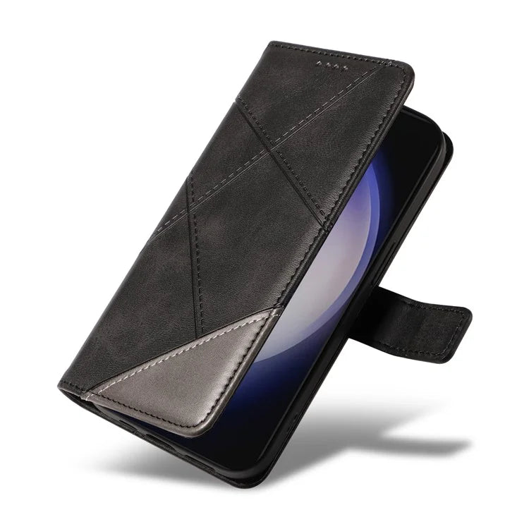 For Samsung Galaxy S24+ Case PU Leather Magnetic Clasp Phone Cover Geometric Line Wrist Strap