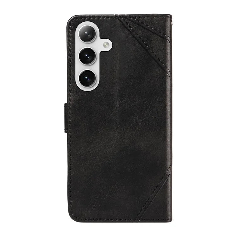 For Samsung Galaxy S24+ Case PU Leather Magnetic Clasp Phone Cover Geometric Line Wrist Strap