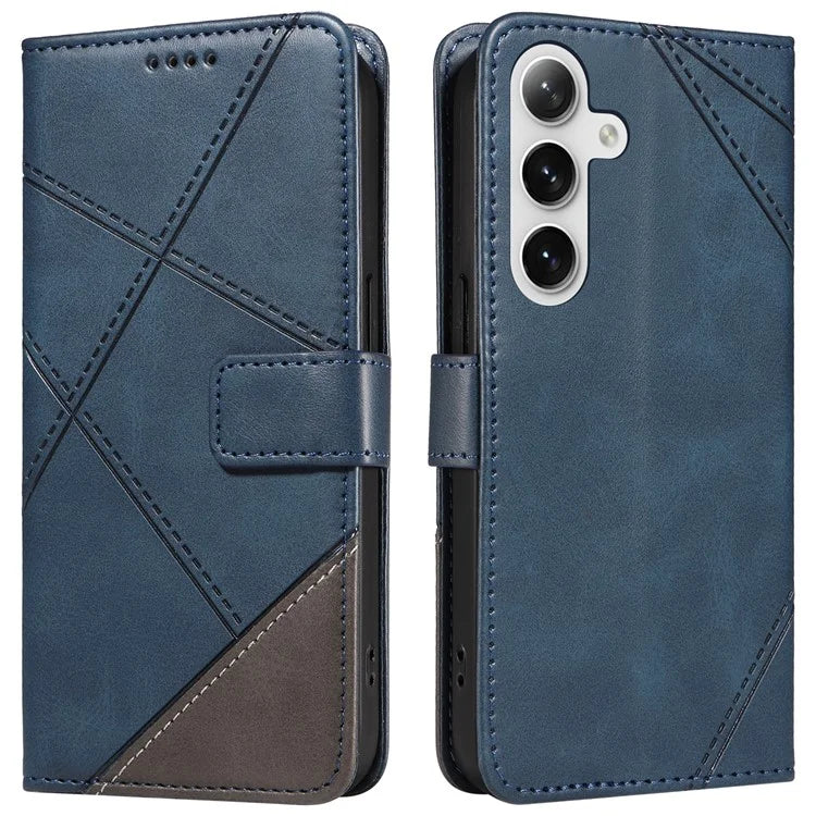 For Samsung Galaxy S24+ Case PU Leather Magnetic Clasp Phone Cover Geometric Line Wrist Strap