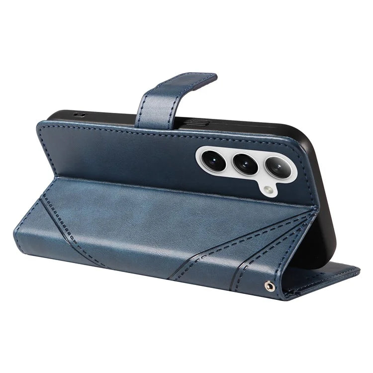 For Samsung Galaxy S24+ Case PU Leather Magnetic Clasp Phone Cover Geometric Line Wrist Strap