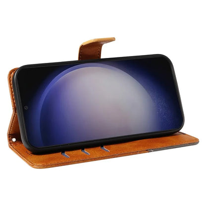 For Samsung Galaxy S24+ Case PU Leather Magnetic Clasp Phone Cover Geometric Line Wrist Strap