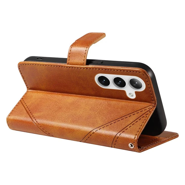 For Samsung Galaxy S24+ Case PU Leather Magnetic Clasp Phone Cover Geometric Line Wrist Strap