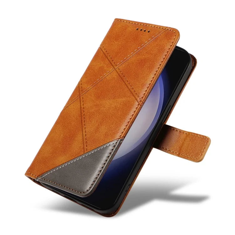 For Samsung Galaxy S24+ Case PU Leather Magnetic Clasp Phone Cover Geometric Line Wrist Strap