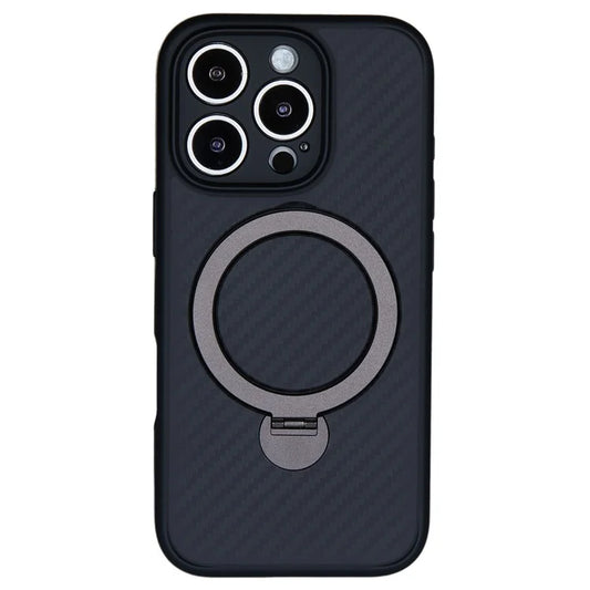 For iPhone 16 Pro Max Magnetic Case TPU+PC Carbon Fiber Texture Phone Cover Rotatable Ring Holder