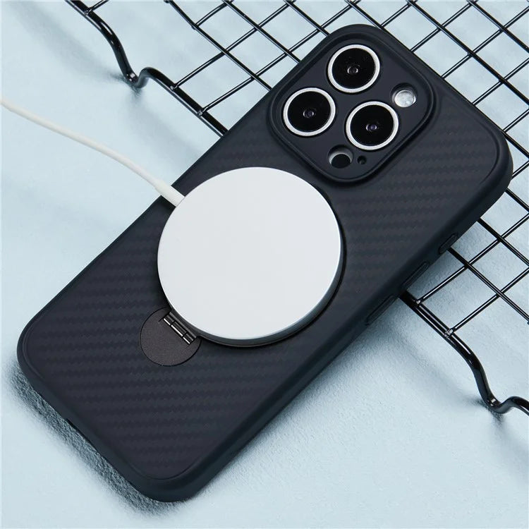 For iPhone 16 Pro Max Magnetic Case TPU+PC Carbon Fiber Texture Phone Cover Rotatable Ring Holder