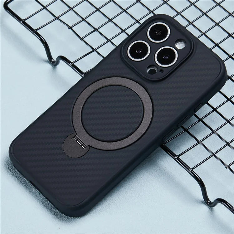For iPhone 16 Pro Max Magnetic Case TPU+PC Carbon Fiber Texture Phone Cover Rotatable Ring Holder
