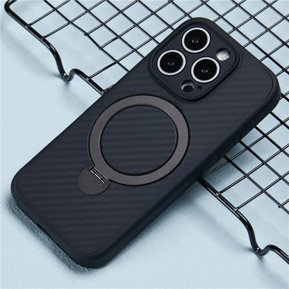 For iPhone 16 Pro Max Magnetic Case TPU+PC Carbon Fiber Texture Phone Cover Rotatable Ring Holder