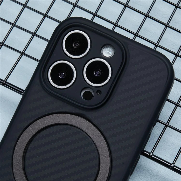For iPhone 16 Pro Max Magnetic Case TPU+PC Carbon Fiber Texture Phone Cover Rotatable Ring Holder