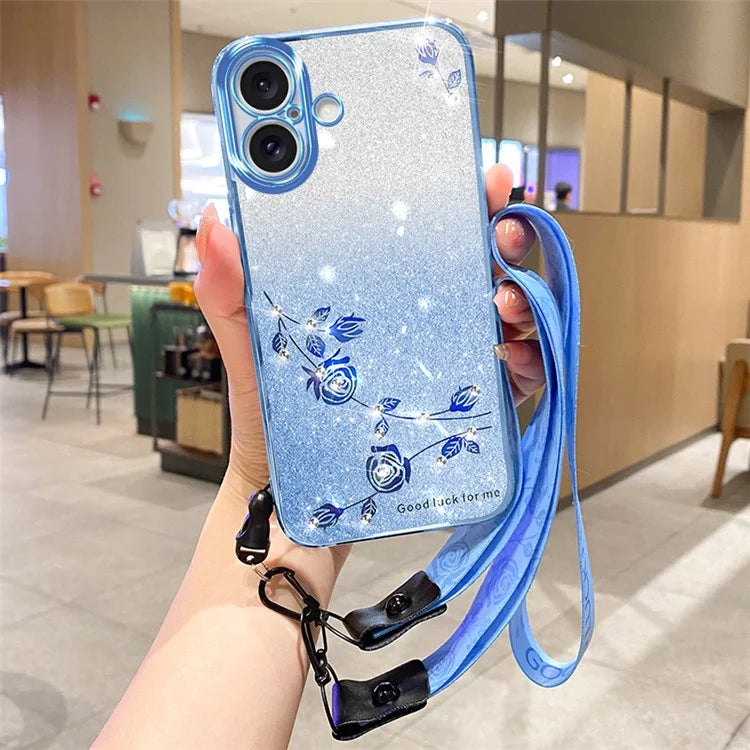 KADEM For iPhone 16 Case TPU Gradient Glitter Phone Cover with Lanyards
