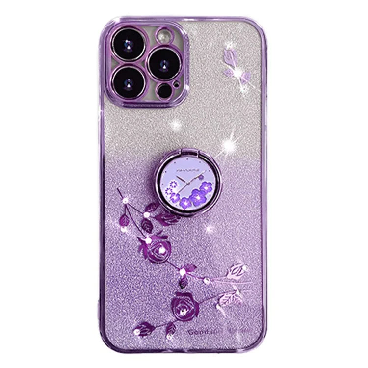 KADEM For iPhone 16 Pro Max Case TPU Gradient Flowers Phone Cover Ring Kickstand