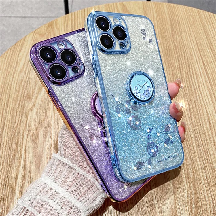 KADEM For iPhone 16 Pro Max Case TPU Gradient Flowers Phone Cover Ring Kickstand