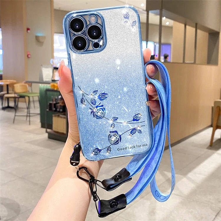 KADEM For iPhone 16 Pro Max Case Rhinestone Decor TPU Phone Cover with Lanyards Gradient