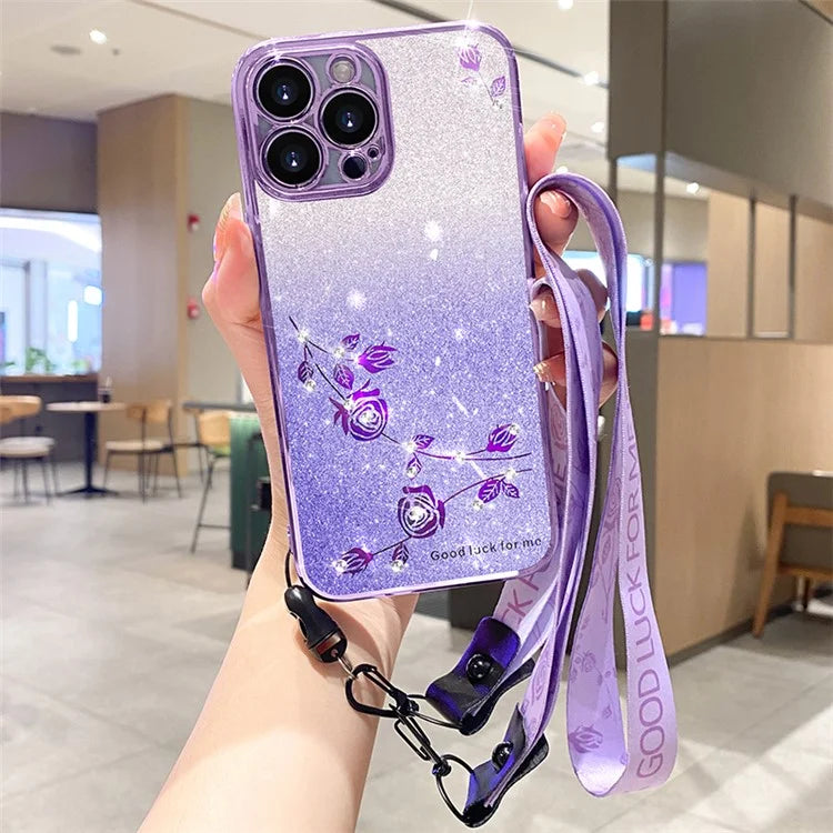 KADEM For iPhone 16 Pro Max Case Rhinestone Decor TPU Phone Cover with Lanyards Gradient