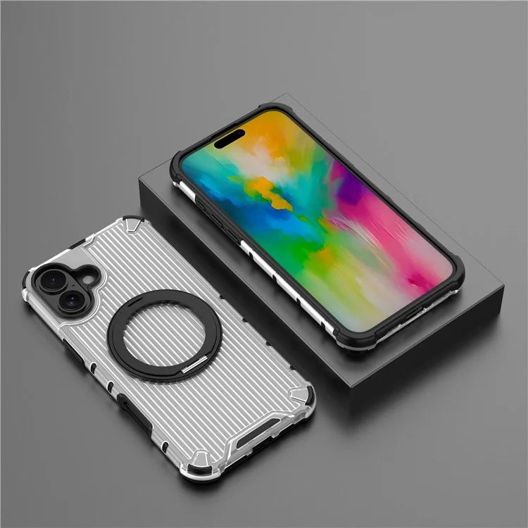 For iPhone 16 Plus Case Compatible with MagSafe PC+TPU Vertical Stripe Phone Cover Kickstand