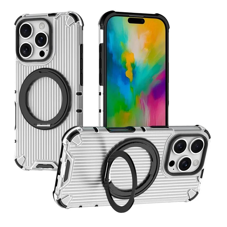 For iPhone 16 Pro Case Rotatable Magnetic Kickstand PC+TPU Phone Cover Vertical Stripe