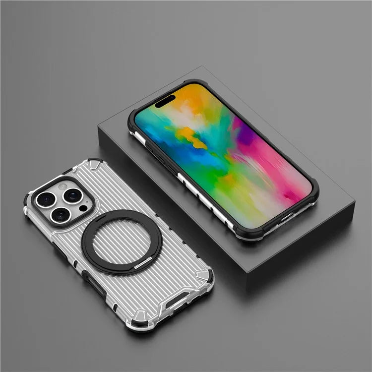 For iPhone 16 Pro Case Rotatable Magnetic Kickstand PC+TPU Phone Cover Vertical Stripe