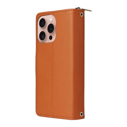 R20 For iPhone 16 Pro Max Case Zipper PU Leather Phone Cover with 9 Card Slots