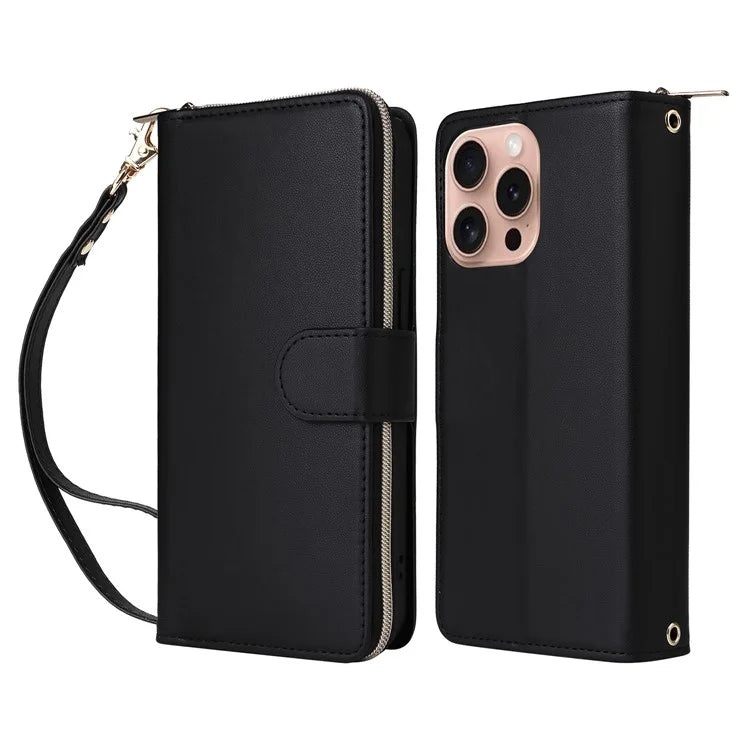 R20 For iPhone 16 Pro Max Case Zipper PU Leather Phone Cover with 9 Card Slots