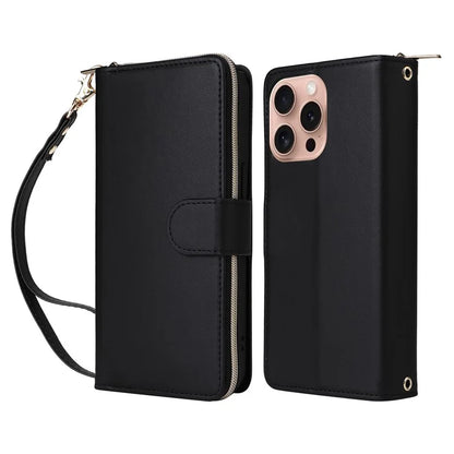 R20 For iPhone 16 Pro Max Case Zipper PU Leather Phone Cover with 9 Card Slots