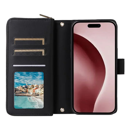 R20 For iPhone 16 Pro Max Case Zipper PU Leather Phone Cover with 9 Card Slots