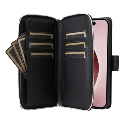R20 For iPhone 16 Pro Max Case Zipper PU Leather Phone Cover with 9 Card Slots