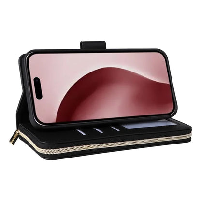 R20 For iPhone 16 Pro Max Case Zipper PU Leather Phone Cover with 9 Card Slots