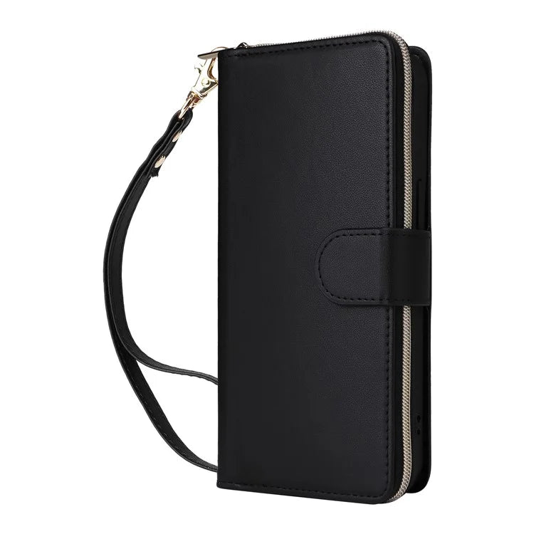 R20 For iPhone 16 Pro Max Case Zipper PU Leather Phone Cover with 9 Card Slots