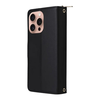 R20 For iPhone 16 Pro Max Case Zipper PU Leather Phone Cover with 9 Card Slots