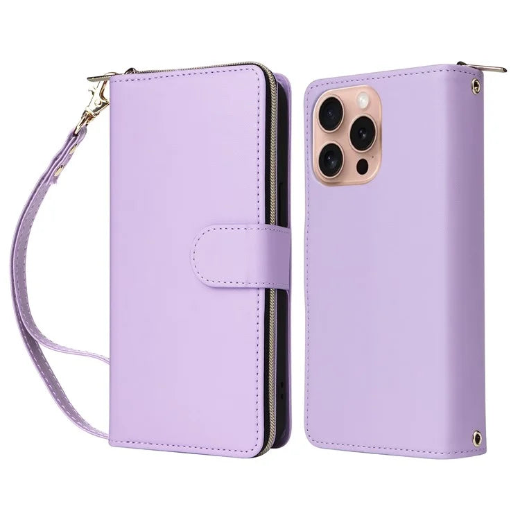R20 For iPhone 16 Pro Max Case Zipper PU Leather Phone Cover with 9 Card Slots