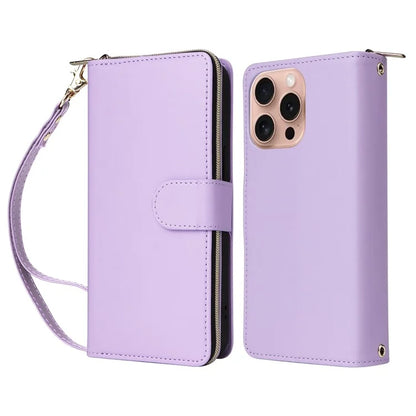 R20 For iPhone 16 Pro Max Case Zipper PU Leather Phone Cover with 9 Card Slots