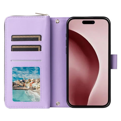 R20 For iPhone 16 Pro Max Case Zipper PU Leather Phone Cover with 9 Card Slots