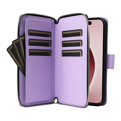 R20 For iPhone 16 Pro Max Case Zipper PU Leather Phone Cover with 9 Card Slots