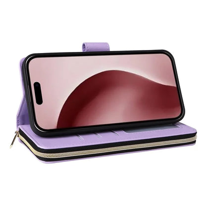 R20 For iPhone 16 Pro Max Case Zipper PU Leather Phone Cover with 9 Card Slots