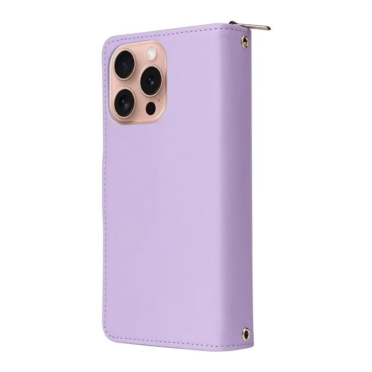 R20 For iPhone 16 Pro Max Case Zipper PU Leather Phone Cover with 9 Card Slots