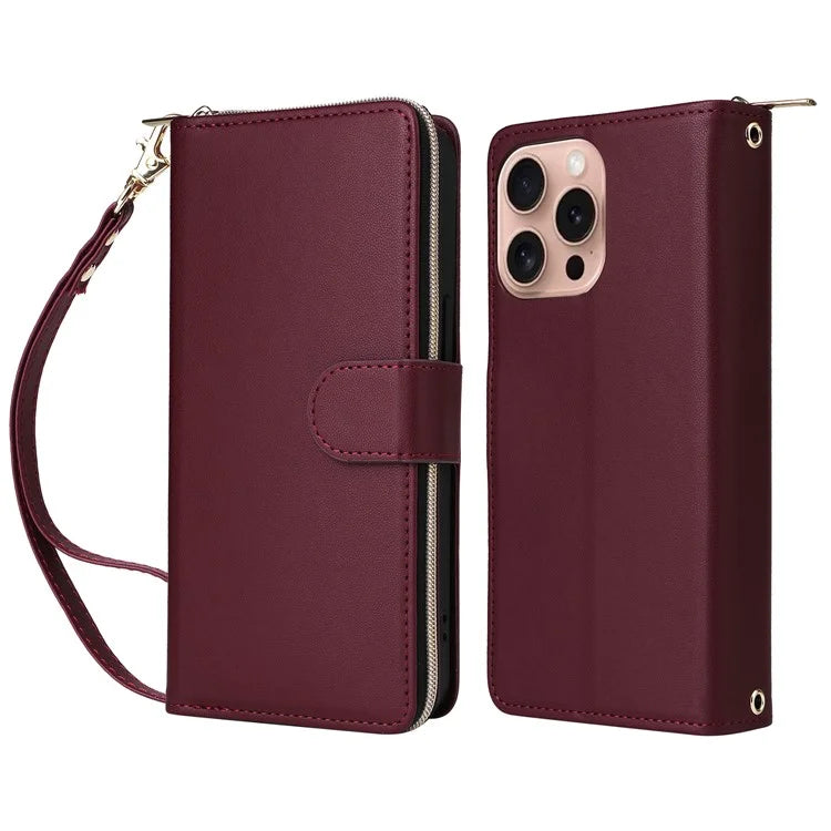 R20 For iPhone 16 Pro Max Case Zipper PU Leather Phone Cover with 9 Card Slots