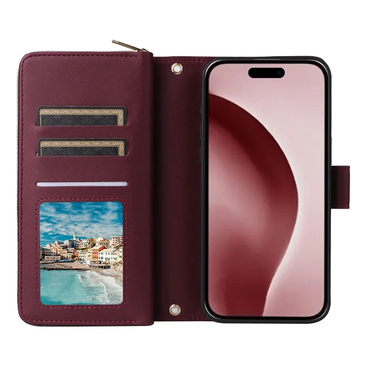 R20 For iPhone 16 Pro Max Case Zipper PU Leather Phone Cover with 9 Card Slots
