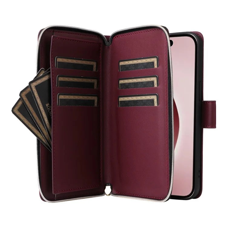 R20 For iPhone 16 Pro Max Case Zipper PU Leather Phone Cover with 9 Card Slots
