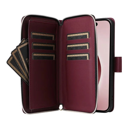 R20 For iPhone 16 Pro Max Case Zipper PU Leather Phone Cover with 9 Card Slots