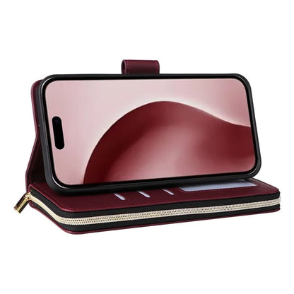 R20 For iPhone 16 Pro Max Case Zipper PU Leather Phone Cover with 9 Card Slots