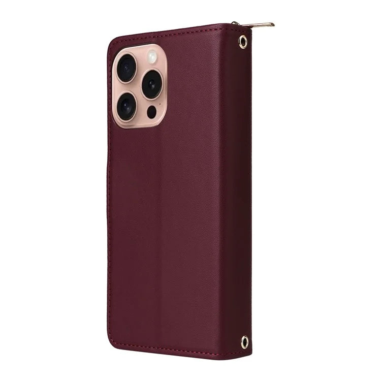 R20 For iPhone 16 Pro Max Case Zipper PU Leather Phone Cover with 9 Card Slots