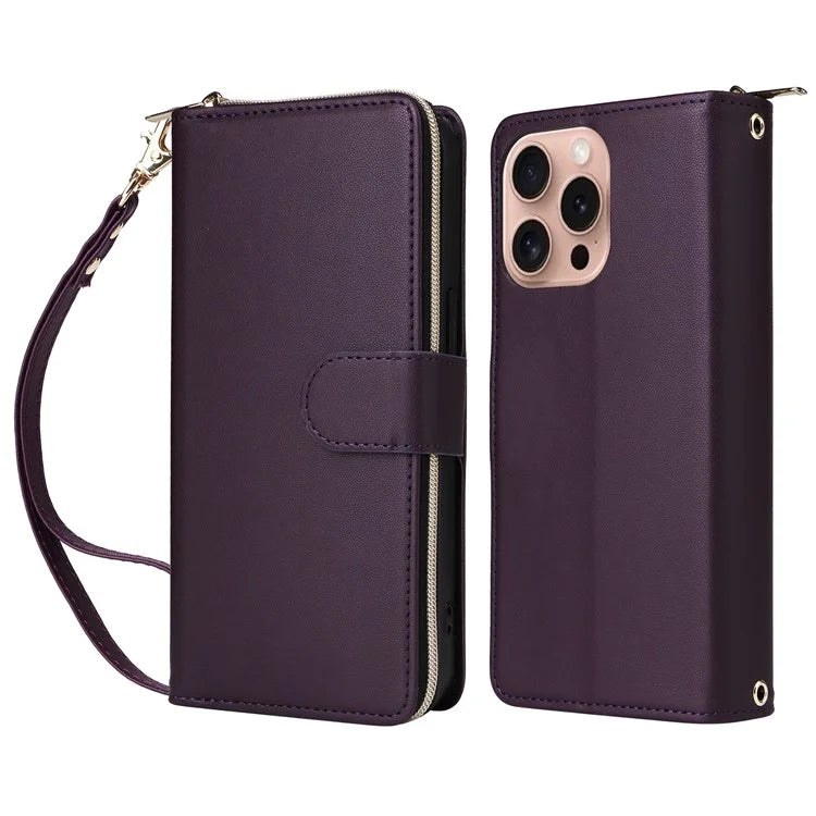 R20 For iPhone 16 Pro Max Case Zipper PU Leather Phone Cover with 9 Card Slots