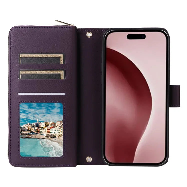 R20 For iPhone 16 Pro Max Case Zipper PU Leather Phone Cover with 9 Card Slots