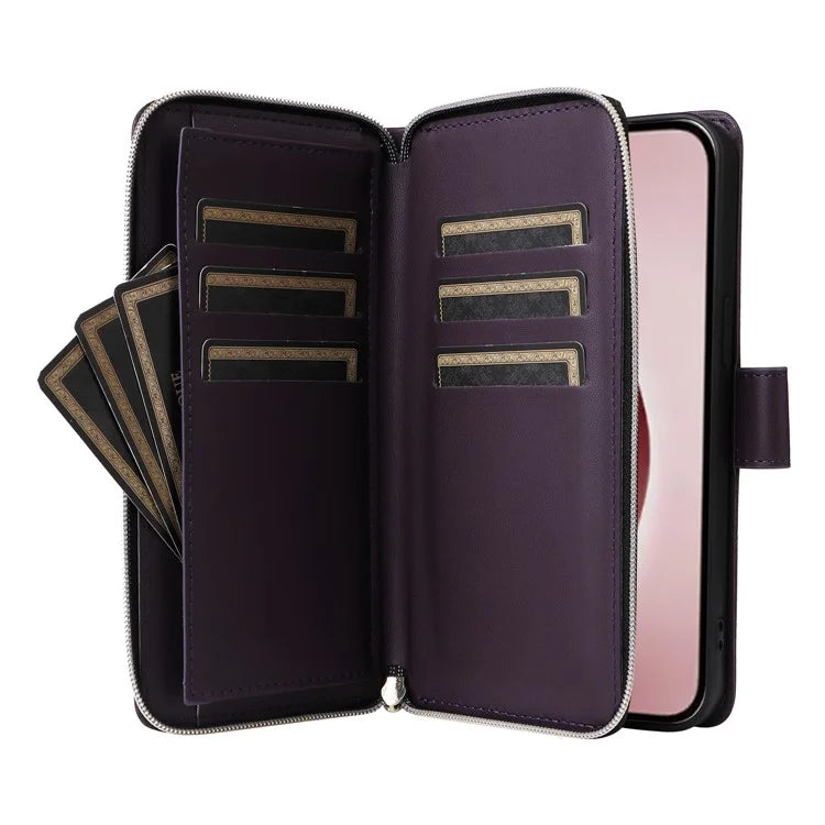 R20 For iPhone 16 Pro Max Case Zipper PU Leather Phone Cover with 9 Card Slots