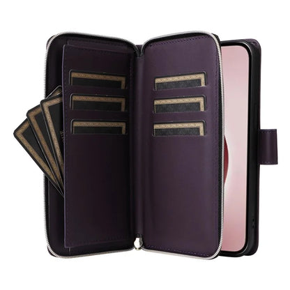 R20 For iPhone 16 Pro Max Case Zipper PU Leather Phone Cover with 9 Card Slots