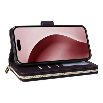 R20 For iPhone 16 Pro Max Case Zipper PU Leather Phone Cover with 9 Card Slots