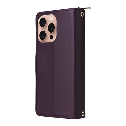 R20 For iPhone 16 Pro Max Case Zipper PU Leather Phone Cover with 9 Card Slots
