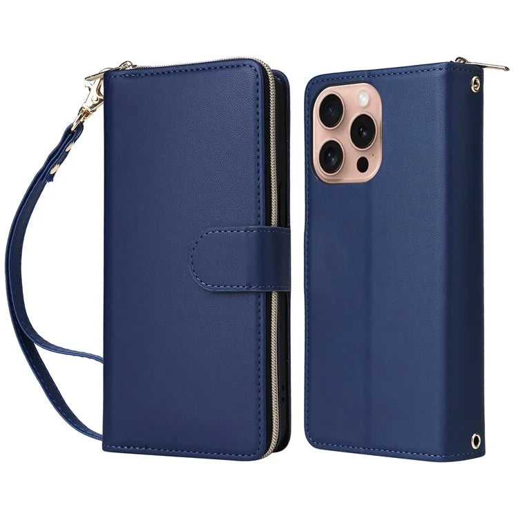 R20 For iPhone 16 Pro Max Case Zipper PU Leather Phone Cover with 9 Card Slots