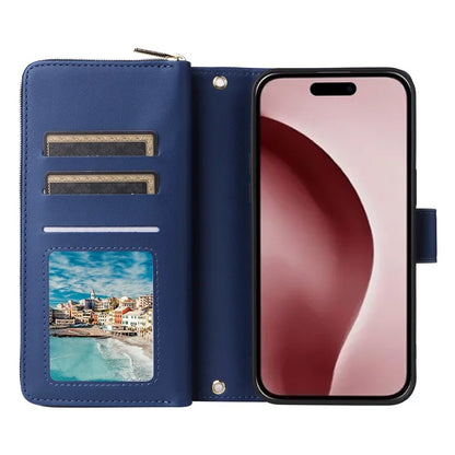 R20 For iPhone 16 Pro Max Case Zipper PU Leather Phone Cover with 9 Card Slots
